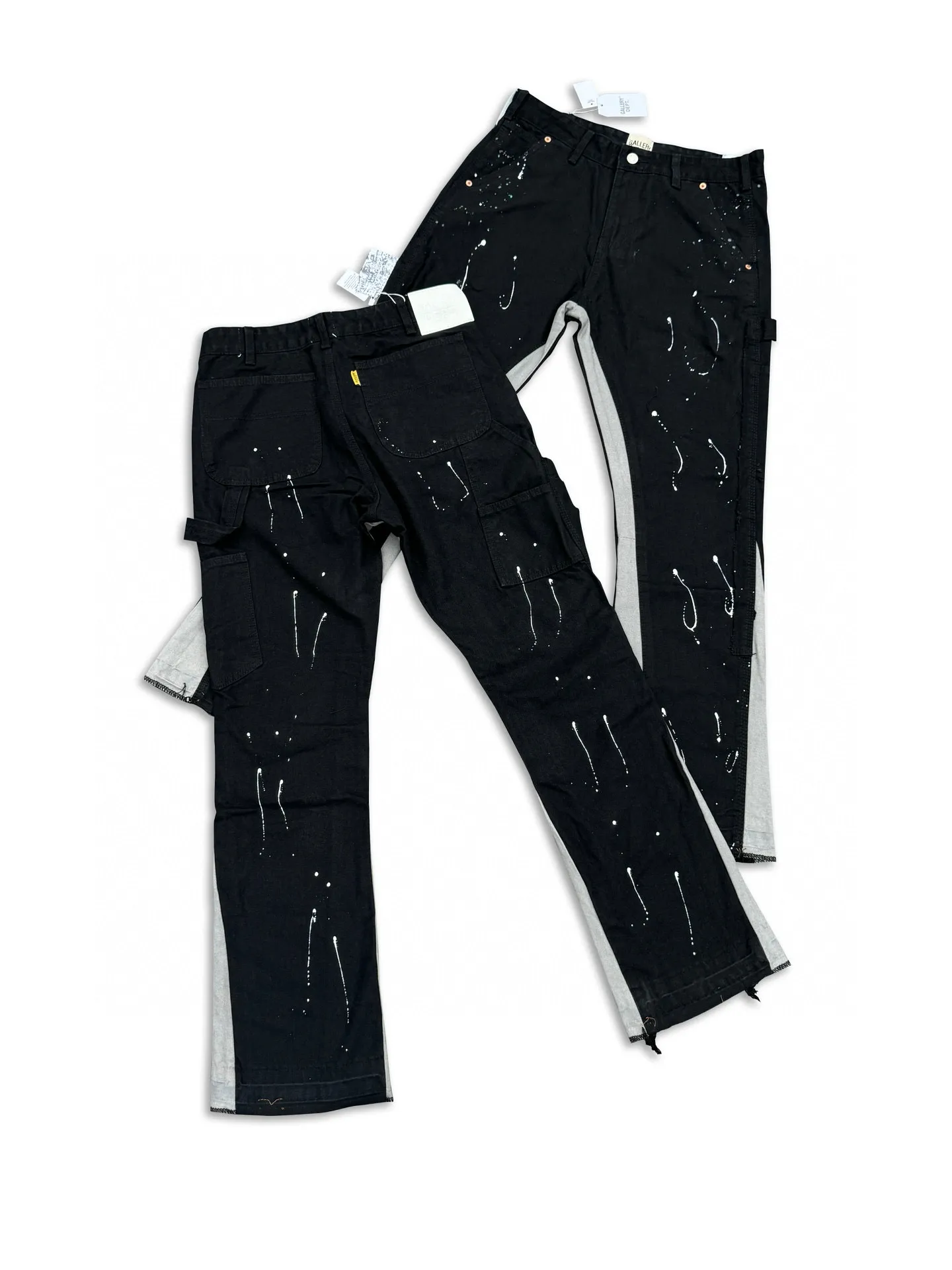 -Size upper body P220#G33 GALLERY DEPT. Spliced ​​washed retro jeans for men and women, high street splash-ink pants, micro-flared casual trousers, trendy couple, same style. Color: black. Size: S-XXL (corresponding to 28-36)